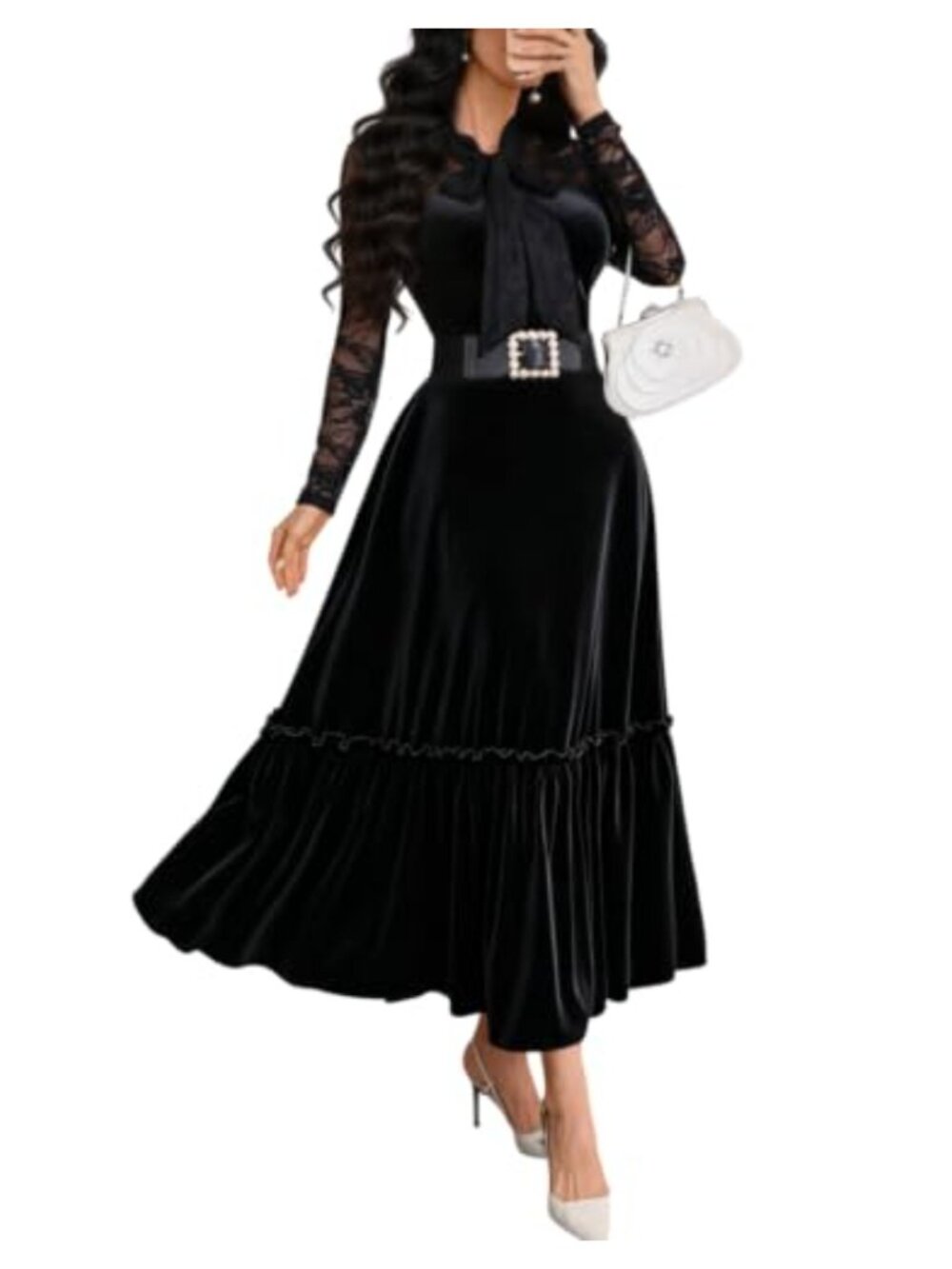 Women's Lace Velvet Long Sleeve Tie Neck Formal Prom Maxi Dress
